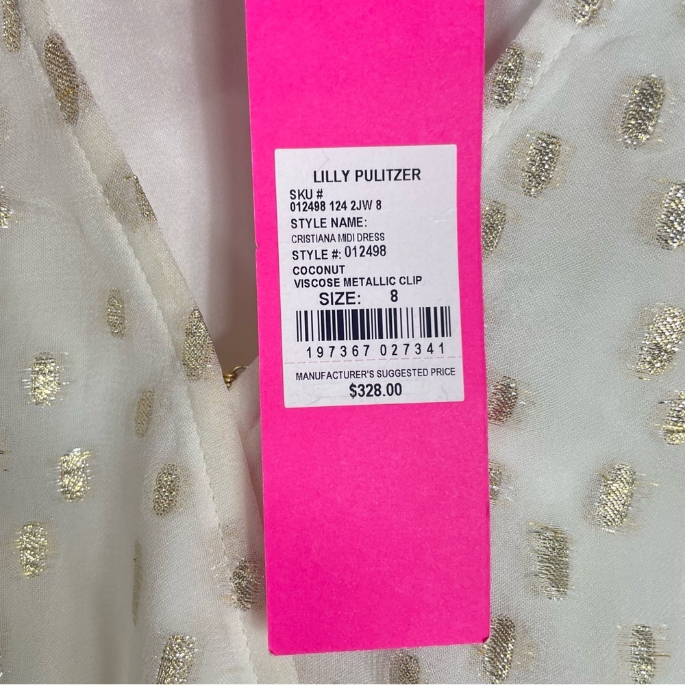 Lilly Pulitzer Cristiana Midi Dress Womens 8 Metallic Coconut Print Gold Ruffle - Picture 8 of 13